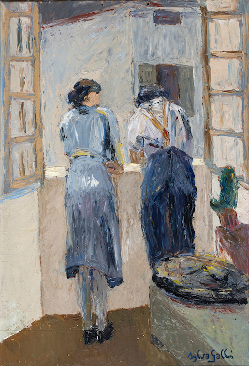 Immagine: © Sylva Galli, I genitori alla finestra, olio su tavola, 73.5 x 50.3 cm, Eredi Sylva Galli